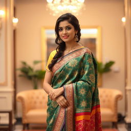 A beautiful young woman dressed in a traditional saree, featuring intricate patterns and vibrant colors