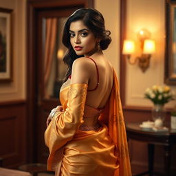 A stunning young woman in an elegant saree with intricate designs, subtly showcasing her curves