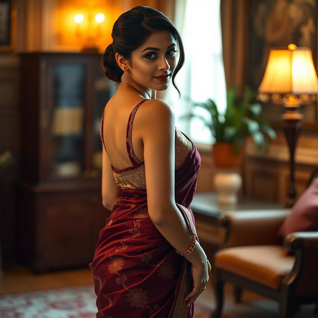 A stunning young woman in an elegant saree with intricate designs, subtly showcasing her curves