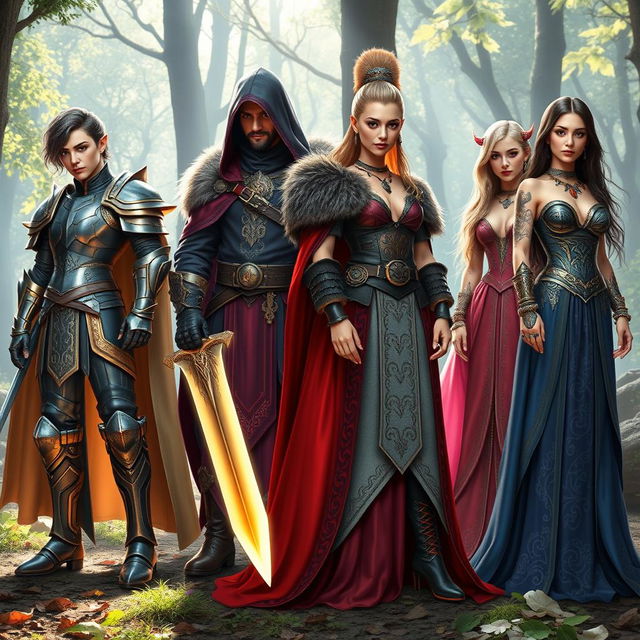 A stunning display of Dungeons & Dragons inspired fashion, featuring a diverse group of characters dressed in elaborate and ornate fantasy attire