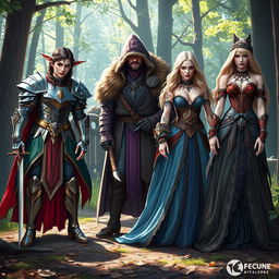 A stunning display of Dungeons & Dragons inspired fashion, featuring a diverse group of characters dressed in elaborate and ornate fantasy attire