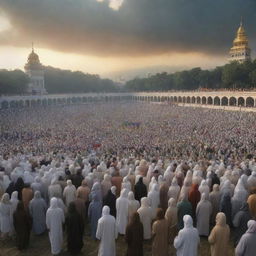 A resurrection scene of humanity gathered in an expansive, ethereal field of judgement, known as the Padang Mahsyar in Islamic eschatology