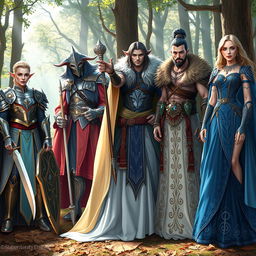 A stunning display of Dungeons & Dragons inspired fashion, featuring a diverse group of characters dressed in elaborate and ornate fantasy attire