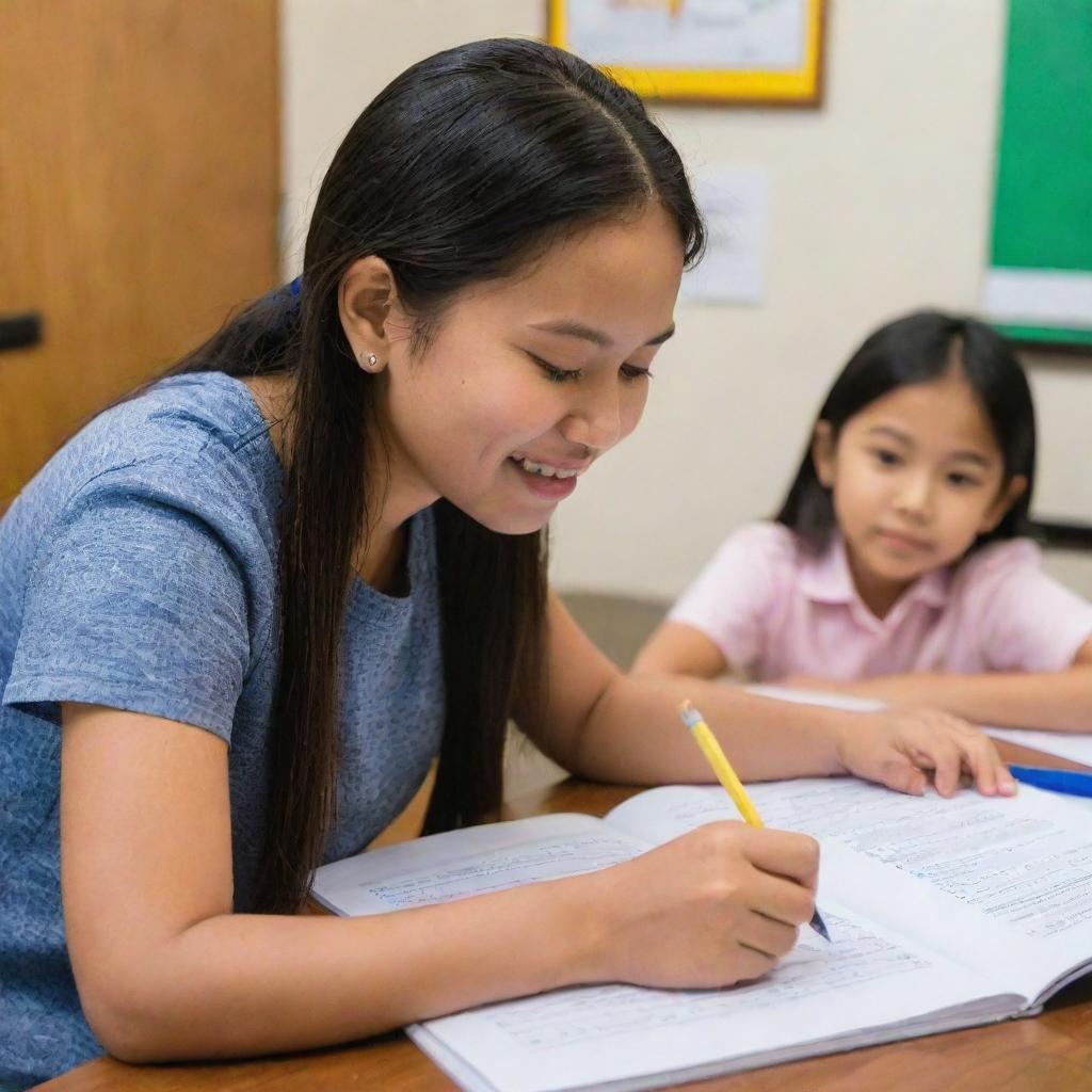 A dedicated Filipino tutor providing one-on-one tutoring services to students from pre-kindergarten up to college in an environment filled with educational resources, characteristic of the Philippines.