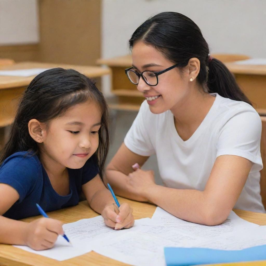 A dedicated Filipino tutor providing one-on-one tutoring services to students from pre-kindergarten up to college in an environment filled with educational resources, characteristic of the Philippines.