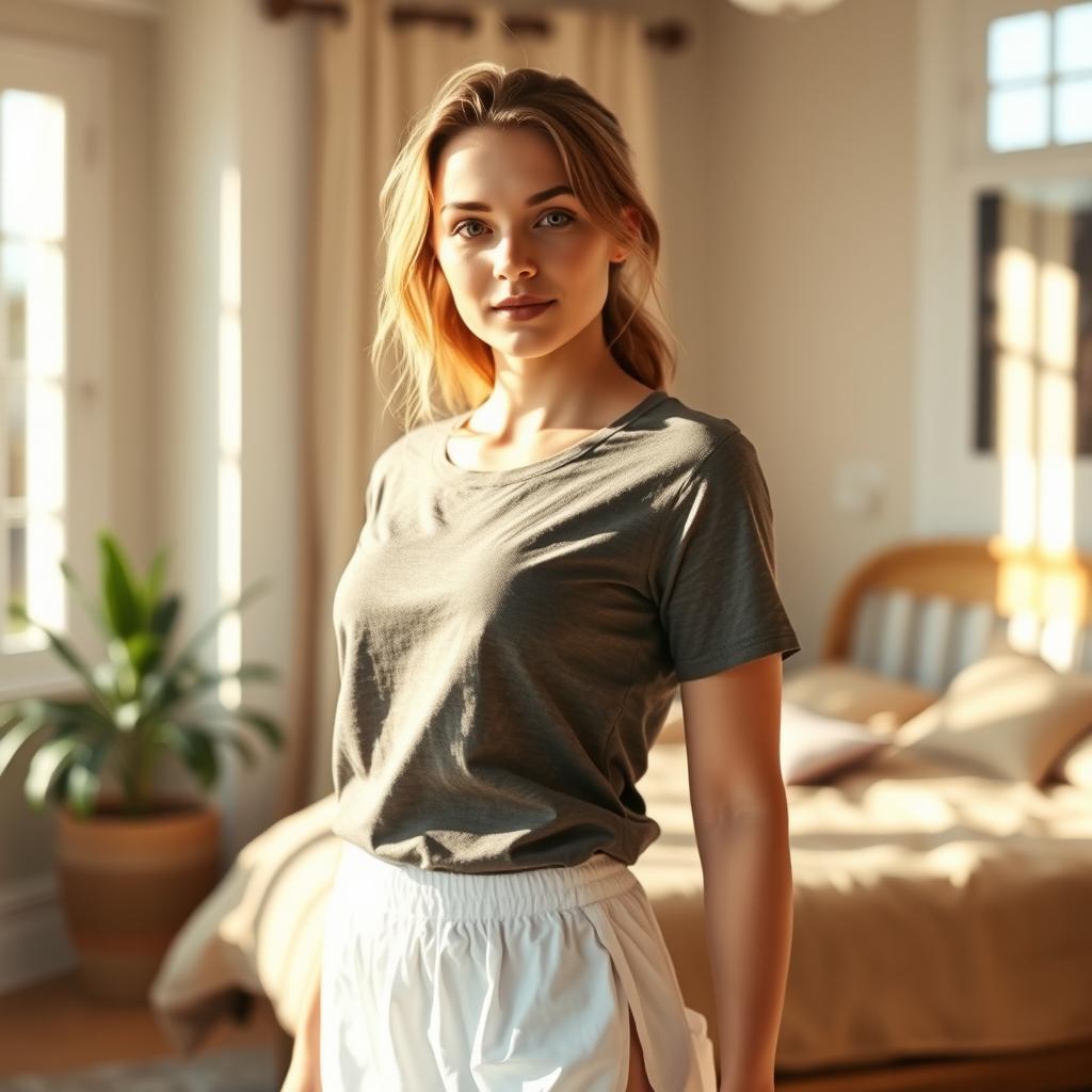 A fit 20-year-old white woman in a sunlit bedroom, wearing a casual t-shirt and a white tennis skirt