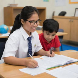 A dedicated Filipino tutor providing one-on-one tutoring services to students from pre-kindergarten up to college in an environment filled with educational resources, characteristic of the Philippines.