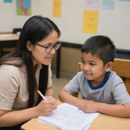 A dedicated Filipino tutor providing one-on-one tutoring services to students from pre-kindergarten up to college in an environment filled with educational resources, characteristic of the Philippines.