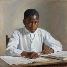 In the style of Claude Monet, an African American boy in white attire, sitting at a desk reading. His head is slightly tilted, body language and facial expression indicating sadness. His surroundings are painted with dabbed, impressionistic strokes.