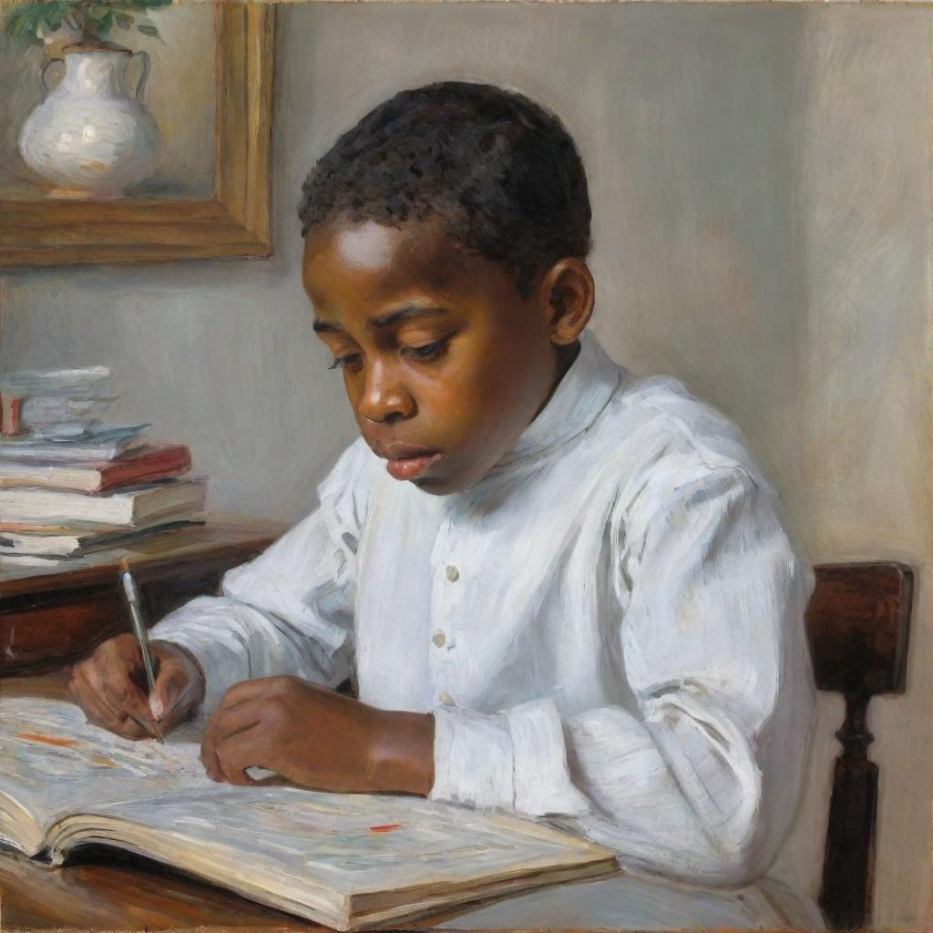 In the style of Claude Monet, an African American boy in white attire, sitting at a desk reading. His head is slightly tilted, body language and facial expression indicating sadness. His surroundings are painted with dabbed, impressionistic strokes.