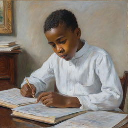 In the style of Claude Monet, an African American boy in white attire, sitting at a desk reading. His head is slightly tilted, body language and facial expression indicating sadness. His surroundings are painted with dabbed, impressionistic strokes.