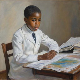 In the style of Claude Monet, an African American boy in white attire, sitting at a desk reading. His head is slightly tilted, body language and facial expression indicating sadness. His surroundings are painted with dabbed, impressionistic strokes.