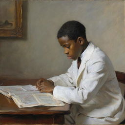 In the style of Claude Monet, an African American boy in white attire, sitting at a desk reading. His posture is hunched, and his facial expression is deeply melancholic. The impressionistic surroundings reflect his somber mood with darker, muted colors.