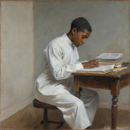 In the style of Claude Monet, an African American boy in white attire, sitting at a desk reading. His posture is hunched, and his facial expression is deeply melancholic. The impressionistic surroundings reflect his somber mood with darker, muted colors.