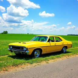 A vintage yellow 1972 Ford XA Falcon sedan parked in a picturesque countryside setting