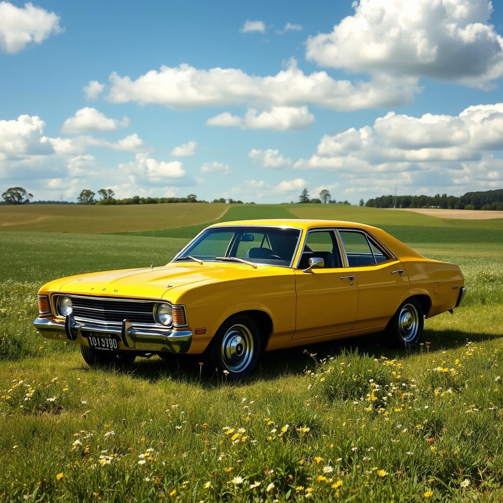 A vintage yellow 1972 Ford XA Falcon sedan parked in a picturesque countryside setting