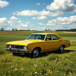 A vintage yellow 1972 Ford XA Falcon sedan parked in a picturesque countryside setting