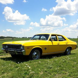 A vintage yellow 1972 Ford XA Falcon sedan parked in a picturesque countryside setting