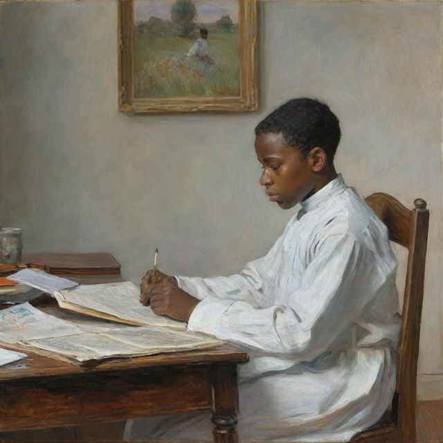 In the style of Claude Monet, an African American boy in white attire, sitting at a desk reading. His posture is hunched, and his facial expression is deeply melancholic. The impressionistic surroundings reflect his somber mood with darker, muted colors.