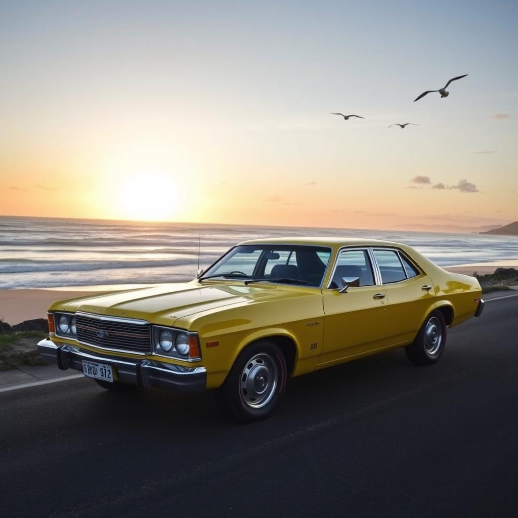 A classic yellow 1975 Ford Australia XB Falcon sedan parked on a scenic coastal road