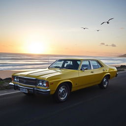 A classic yellow 1975 Ford Australia XB Falcon sedan parked on a scenic coastal road