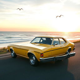 A classic yellow 1975 Ford Australia XB Falcon sedan parked on a scenic coastal road