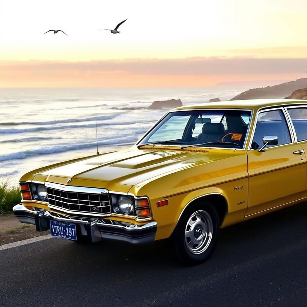 A classic yellow 1975 Ford Australia XB Falcon sedan parked on a scenic coastal road