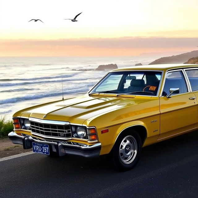 A classic yellow 1975 Ford Australia XB Falcon sedan parked on a scenic coastal road