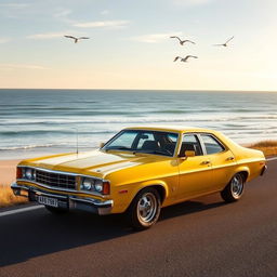 A classic yellow 1975 Ford Australia XB Falcon sedan parked on a scenic coastal road