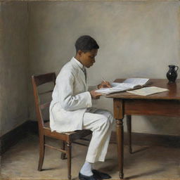 In the style of Claude Monet, an African American boy in white attire, sitting at a desk reading. His posture is hunched, and his facial expression is deeply melancholic. The impressionistic surroundings reflect his somber mood with darker, muted colors.