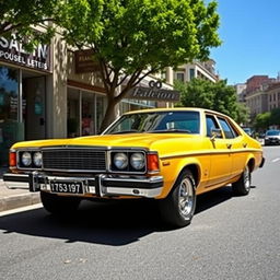 A classic yellow 1975 Ford Australia XB Falcon sedan parked on a scenic urban street