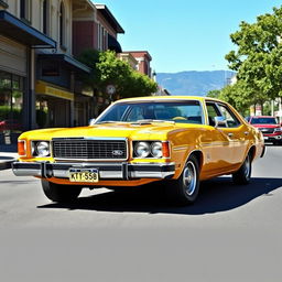 A classic yellow 1975 Ford Australia XB Falcon sedan parked on a scenic urban street