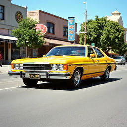 A classic yellow 1975 Ford Australia XB Falcon sedan parked on a scenic urban street