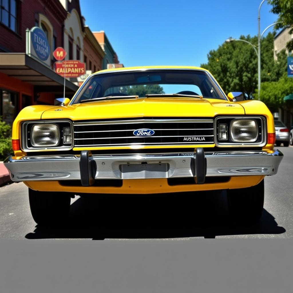 A classic yellow 1975 Ford Australia XB Falcon sedan parked on a scenic urban street