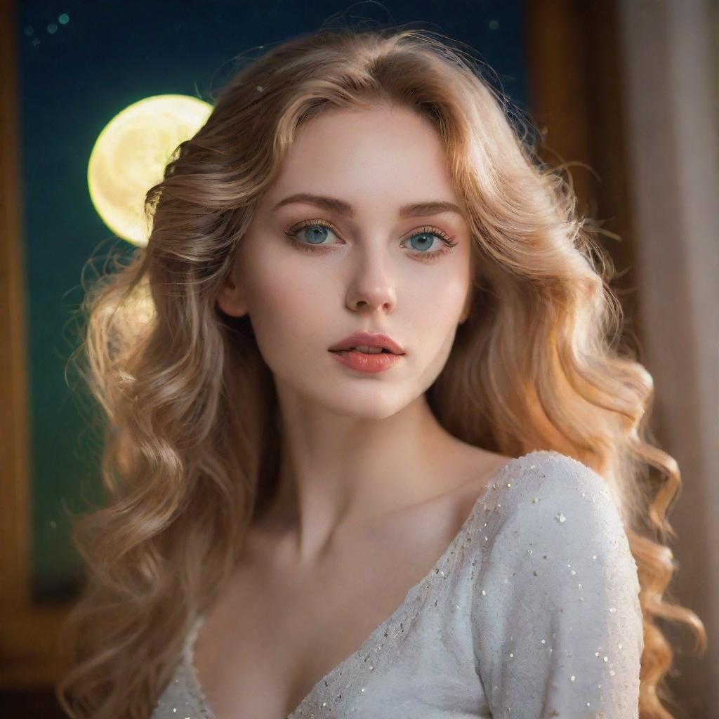 A beautiful lady with a slender body, green eyes, golden hair, and white-as-snow slender lips, set against the backdrop of either a room, sunset, sunrise, or moon and stars.