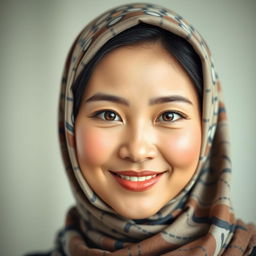 A portrait of an Asian woman wearing a stylish hijab, showcasing her beautiful features with captivating elegance