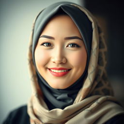 A portrait of an Asian woman wearing a stylish hijab, showcasing her beautiful features with captivating elegance