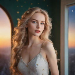 A beautiful lady with a slender body, green eyes, golden hair, and white-as-snow slender lips, set against the backdrop of either a room, sunset, sunrise, or moon and stars.