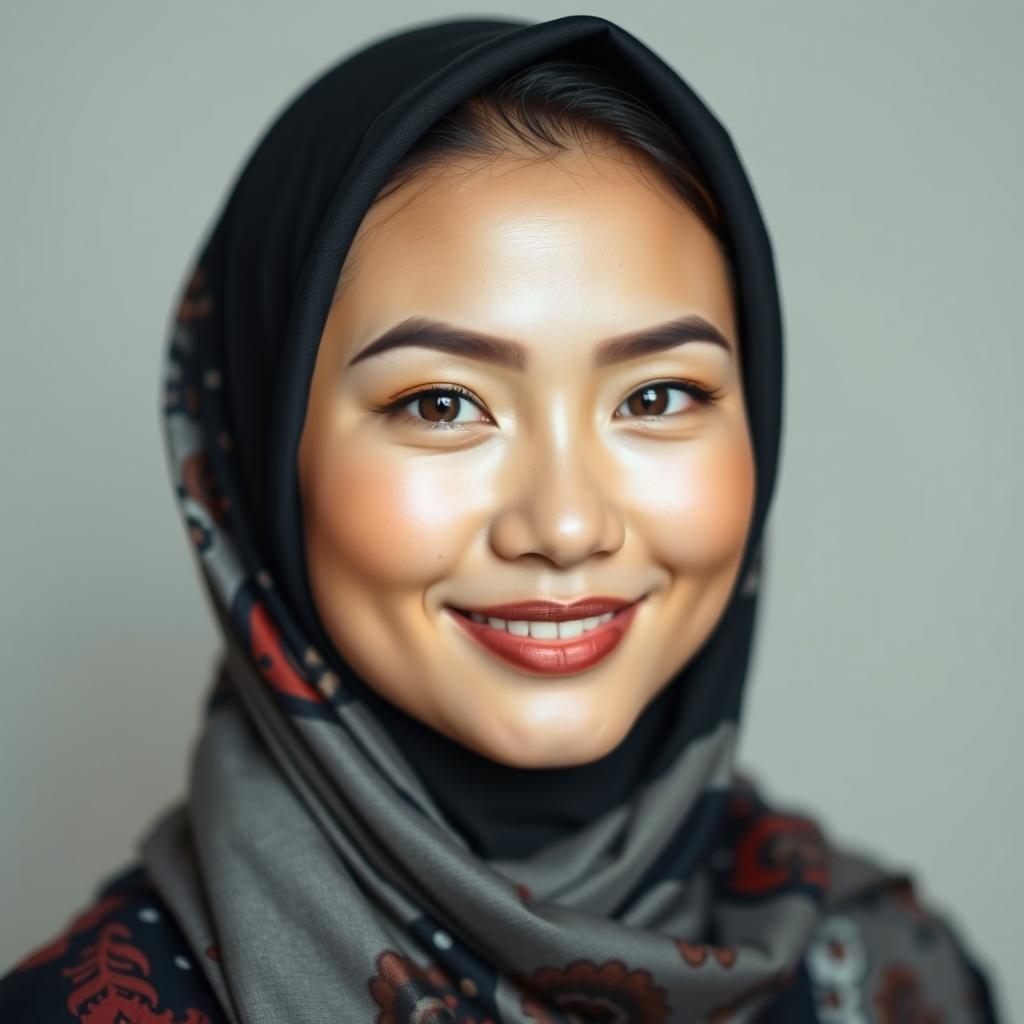 A portrait of an Asian woman wearing a stylish hijab, showcasing her beautiful features with captivating elegance