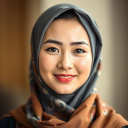 A portrait of an Asian woman wearing a stylish hijab, showcasing her beautiful features with captivating elegance