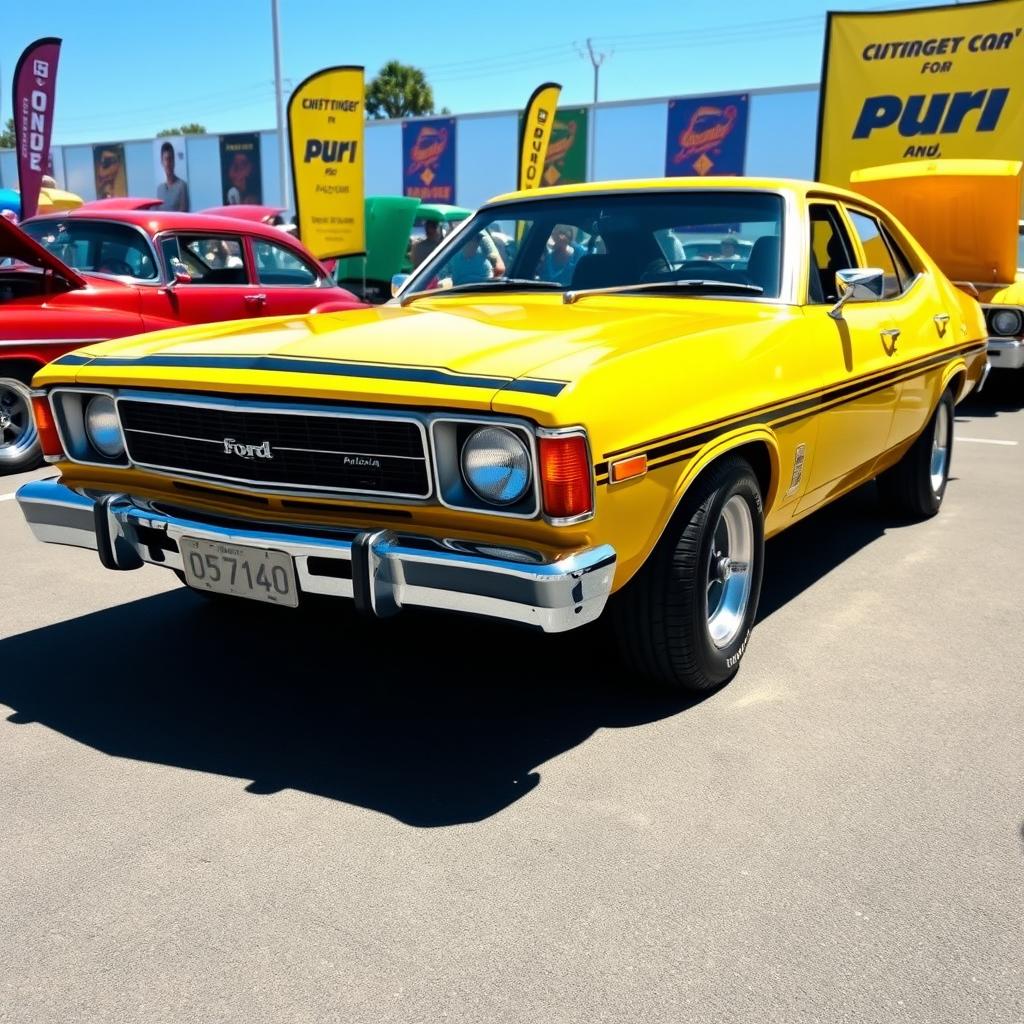 A striking yellow 1975 Ford Australia XB Falcon sedan showcased in a vintage car exhibition