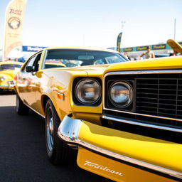 A striking yellow 1975 Ford Australia XB Falcon sedan showcased in a vintage car exhibition