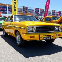 A striking yellow 1975 Ford Australia XB Falcon sedan showcased in a vintage car exhibition