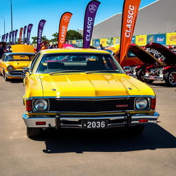 A striking yellow 1975 Ford Australia XB Falcon sedan showcased in a vintage car exhibition