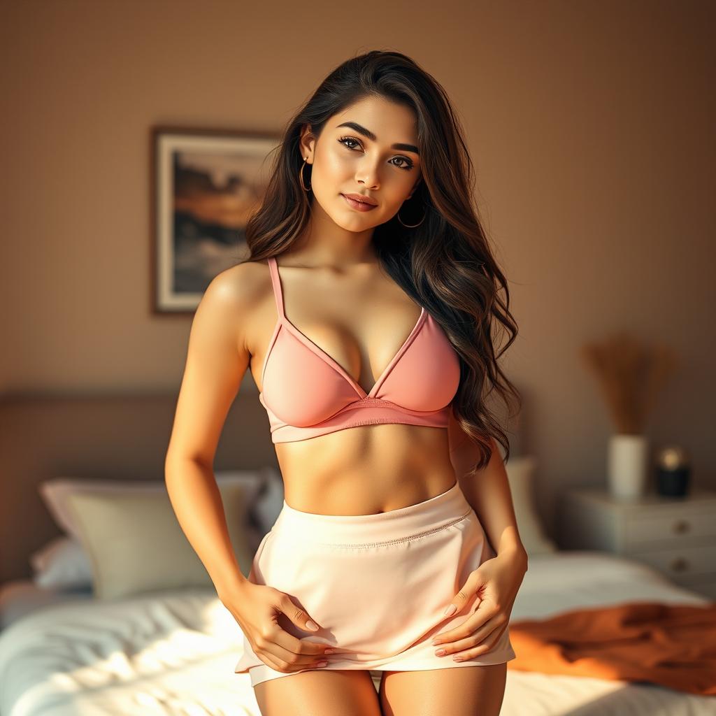 A young 20-year-old woman in a stylish bedroom, wearing a fashionable bra and a tennis mini skirt