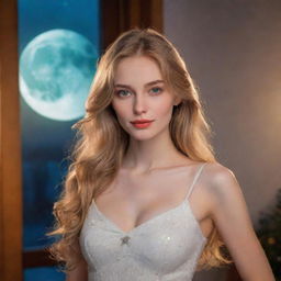 A beautiful lady with a slender body, green eyes, golden hair, and white-as-snow slender lips, set against the backdrop of either a room, sunset, sunrise, or moon and stars.