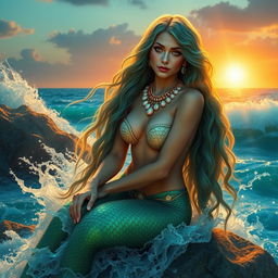 A stunning siren goddess, with long flowing hair shimmering in shades of deep ocean blue and emerald green, seated gracefully on a rock by the sea