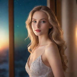 A beautiful lady with a slender body, green eyes, golden hair, and white-as-snow slender lips, set against the backdrop of either a room, sunset, sunrise, or moon and stars.