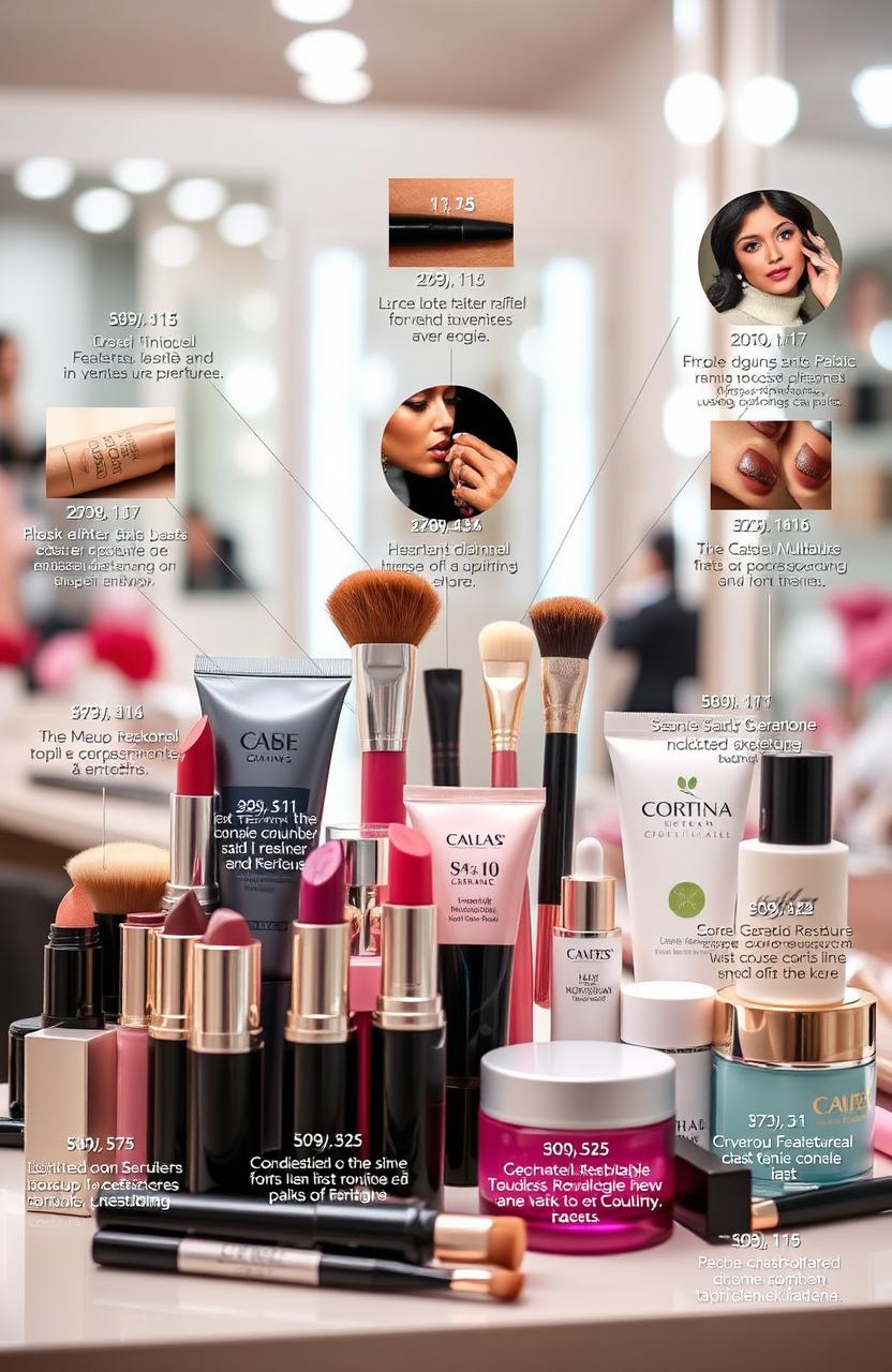 A visually engaging and informative display of various cosmetic products arranged artistically
