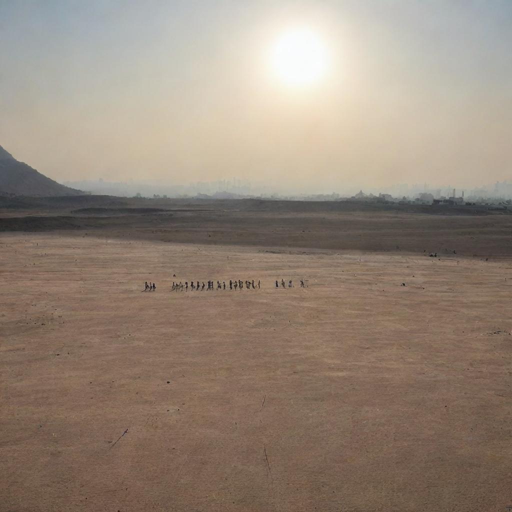 A vast, barren landscape, the Padang Mahsyar, with resurrected humans and an oppressively close sun hanging only a handspan from the ground